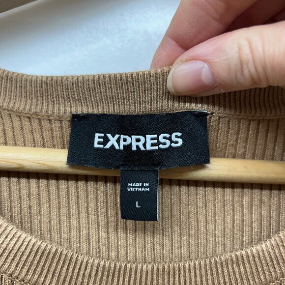 Express Short Sleeve Knit Sweater Large Neutral Brown Puff Sleeve Ribbed Preppy - Picture 5 of 6